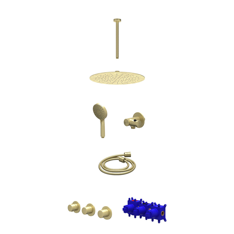 IVY Regendoucheset inbouwthermostaatkraan met 2 vaste stopkranen symmetry, plafondbuis 30cm, R30cmSL, verstelbare steun met geïnt. uitlaat, doucheslang 150cm en 3-standen handdouch