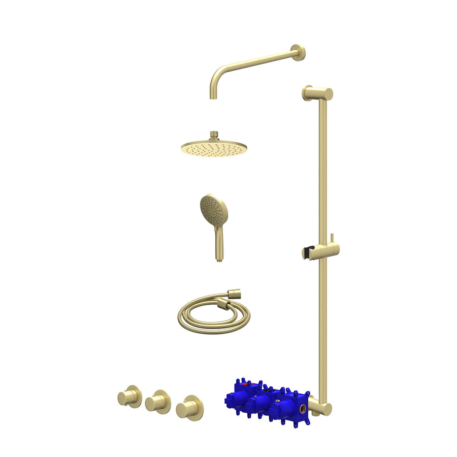 IVY Regendoucheset inbouwthermostaatkraan met 2 vaste stopkranen symmetry, wandarm, R20cmME, glijstang met uitlaat, doucheslang 150cm en 3-standen handdouche – Gebr. mat goud PVD
