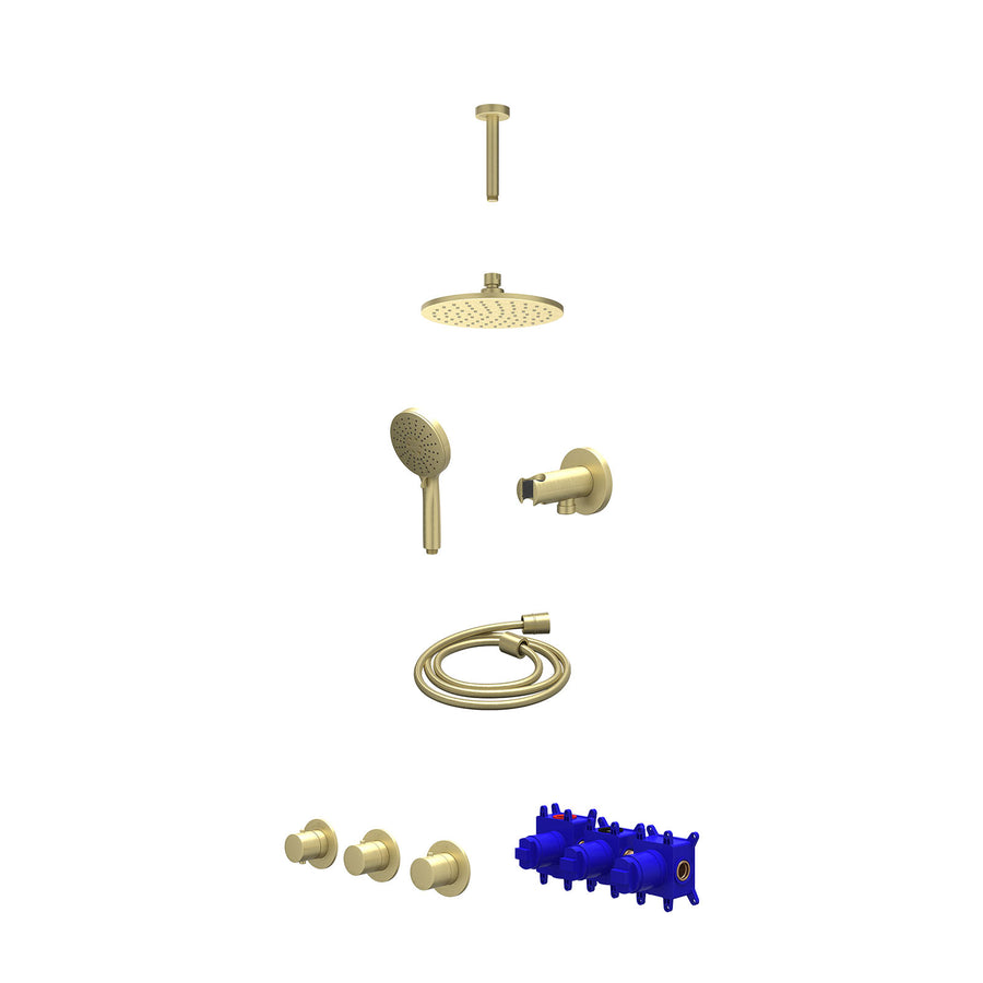 IVY Regendoucheset inbouwthermostaatkraan met 2 vaste stopkranen symmetry, plafondbuis 15cm, R20cmME, houder met uitlaat, doucheslang 150cm en 3-standen handdouche – Gebr. mat goud