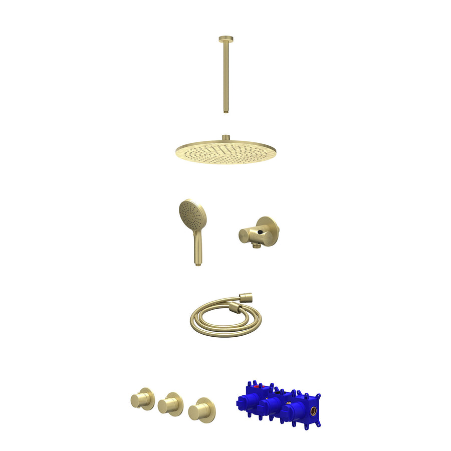 IVY Regendoucheset inbouwthermostaatkraan met 2 vaste stopkranen symmetry, plafondbuis 30cm, R30cmME, verstelbare steun met geïnt. uitlaat, doucheslang 150cm en 3-standen handdouch