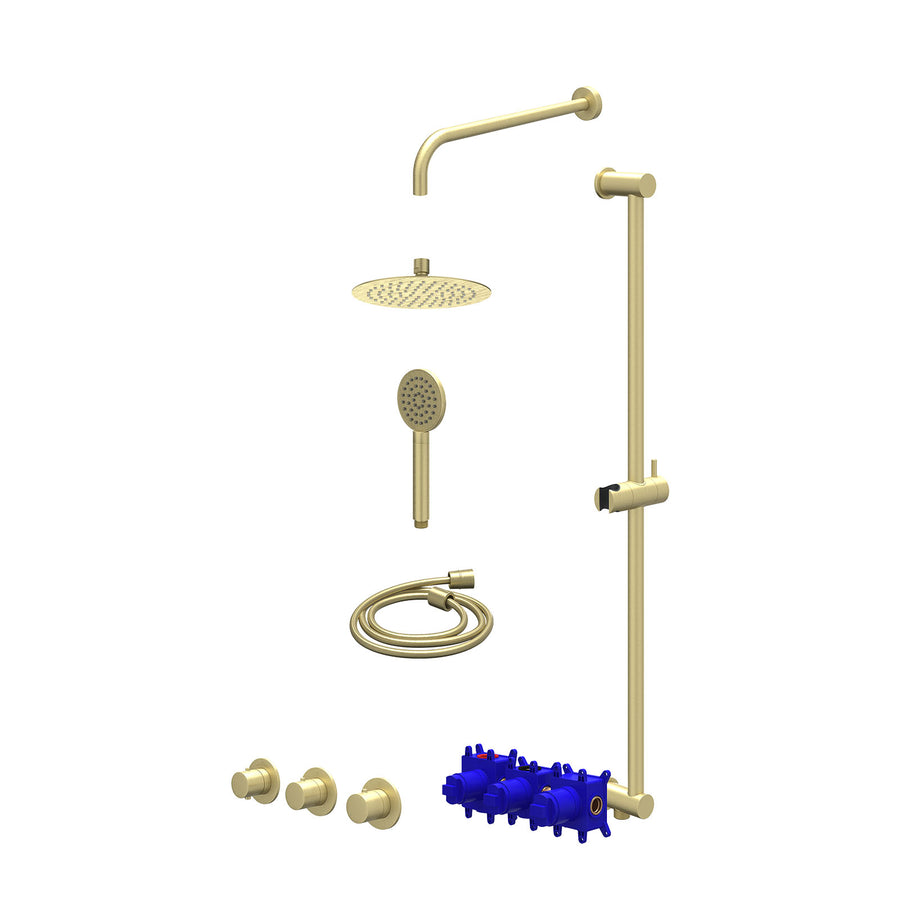 IVY Regendoucheset inbouwthermostaatkraan met 2 vaste stopkranen symmetry, wandarm, R20cmSL, glijstang met uitlaat, doucheslang 150cm en satin spray handdouche – Gebr. mat goud PVD