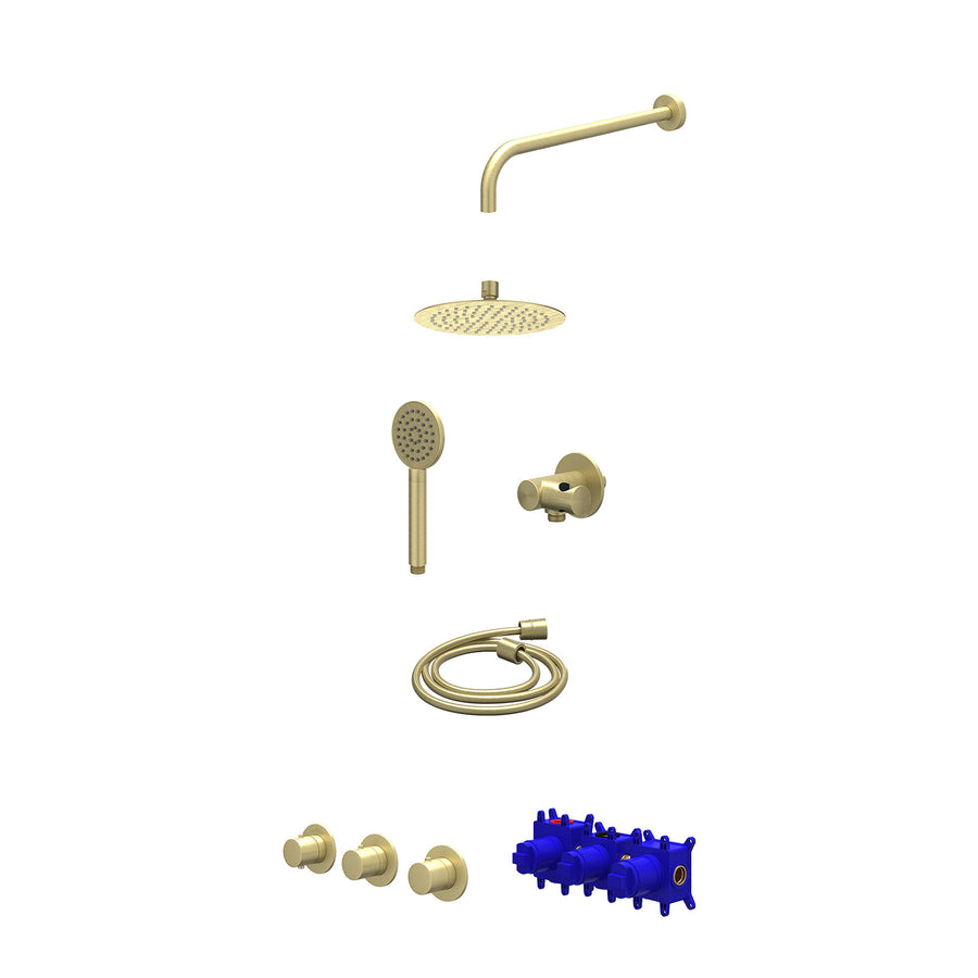 IVY Regendoucheset inbouwthermostaatkraan met 2 vaste stopkranen symmetry, wandarm, R20cmSL, verstelbare steun met geïnt. uitlaat, doucheslang 150cm en satin spray handdouche – Geb