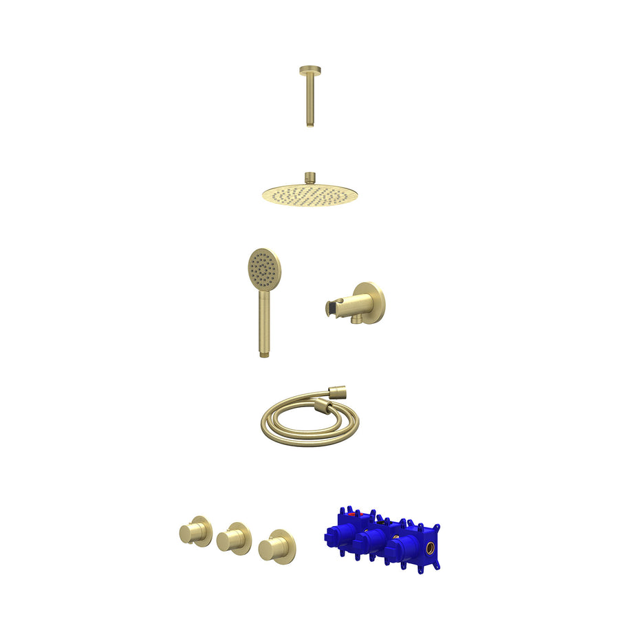 IVY Regendoucheset inbouwthermostaatkraan met 2 vaste stopkranen symmetry, plafondbuis 15cm, R20cmSL, houder met uitlaat, doucheslang 150cm en satin spray handdouche – Gebr. mat go