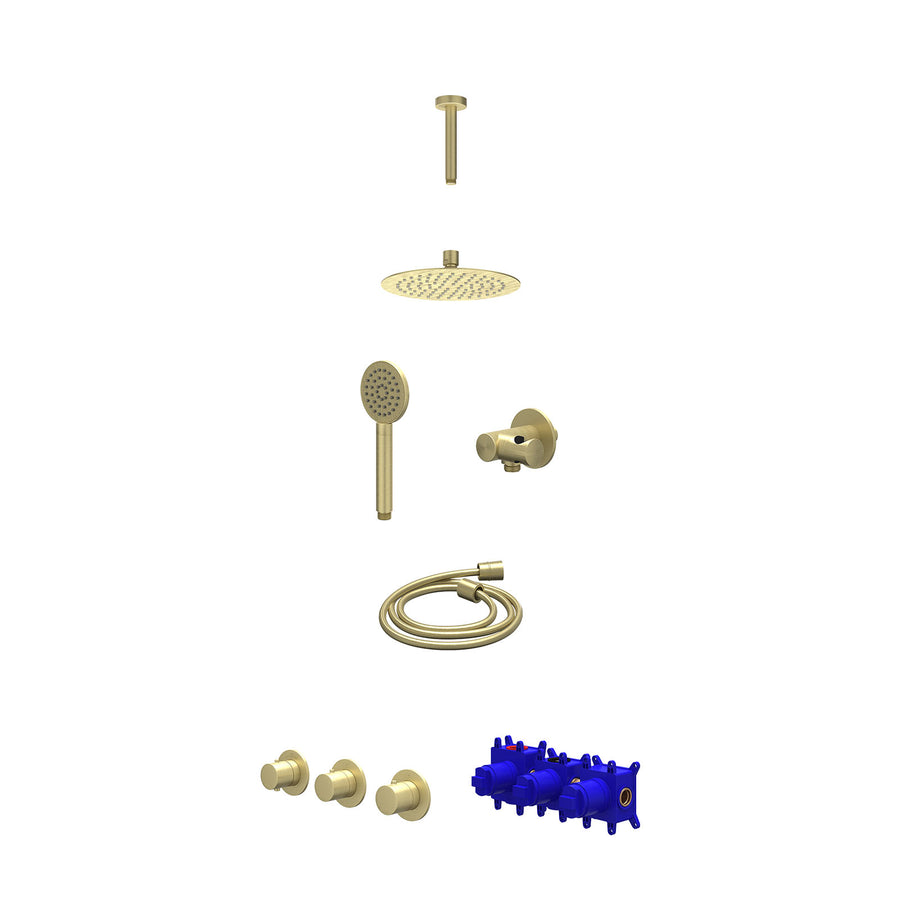 IVY Regendoucheset inbouwthermostaatkraan met 2 vaste stopkranen symmetry, plafondbuis 15cm, R20cmSL, verstelbare steun met geïnt. uitlaat, doucheslang 150cm en satin spray handdou