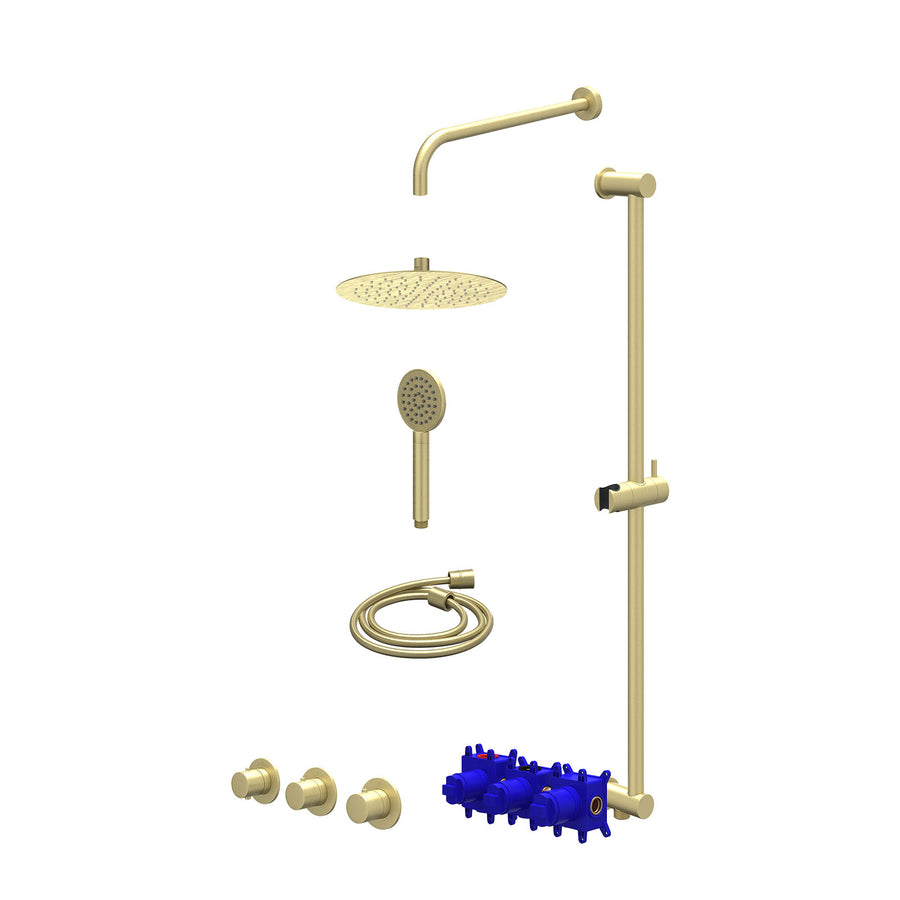 IVY Regendoucheset inbouwthermostaatkraan met 2 vaste stopkranen symmetry, wandarm, R25cmSL, glijstang met uitlaat, doucheslang 150cm en satin spray handdouche – Gebr. mat goud PVD
