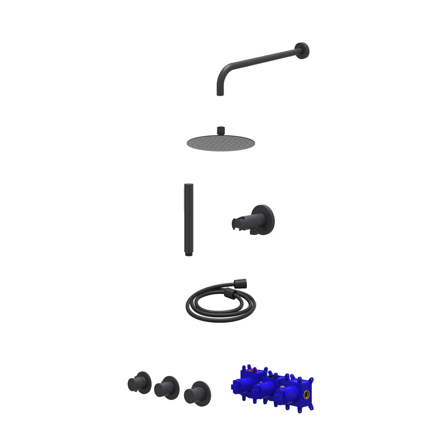 IVY Regendoucheset inbouwthermostaatkraan met 2 vaste stopkranen symmetry, wandarm, R20cmSL, houder met uitlaat, doucheslang 150cm en staafmodel – Mat zwart PED