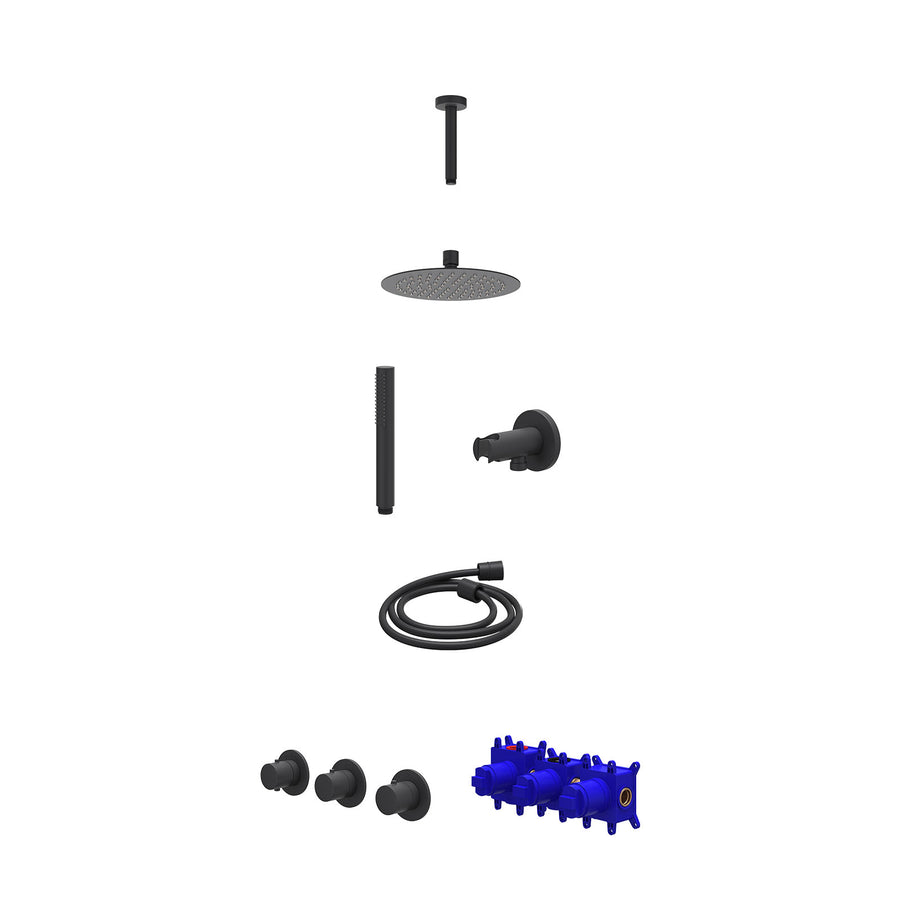 IVY Regendoucheset inbouwthermostaatkraan met 2 vaste stopkranen symmetry, plafondbuis 15cm, R20cmSL, houder met uitlaat, doucheslang 150cm en staafmodel – Mat zwart PED