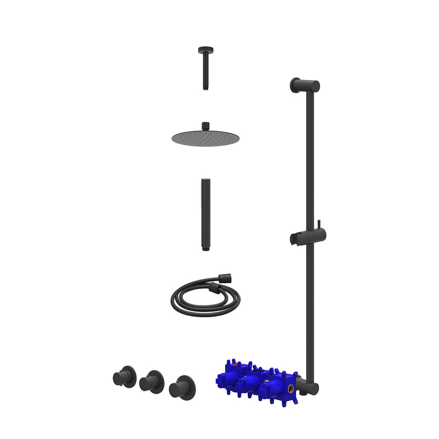 IVY Regendoucheset inbouwthermostaatkraan met 2 vaste stopkranen symmetry, plafondbuis 15cm, R20cmSL, glijstang met uitlaat, doucheslang 150cm en staafmodel – Mat zwart PED