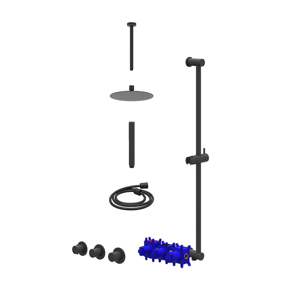 IVY Regendoucheset inbouwthermostaatkraan met 2 vaste stopkranen symmetry, plafondbuis 30cm, R20cmSL, glijstang met uitlaat, doucheslang 150cm en staafmodel – Mat zwart PED