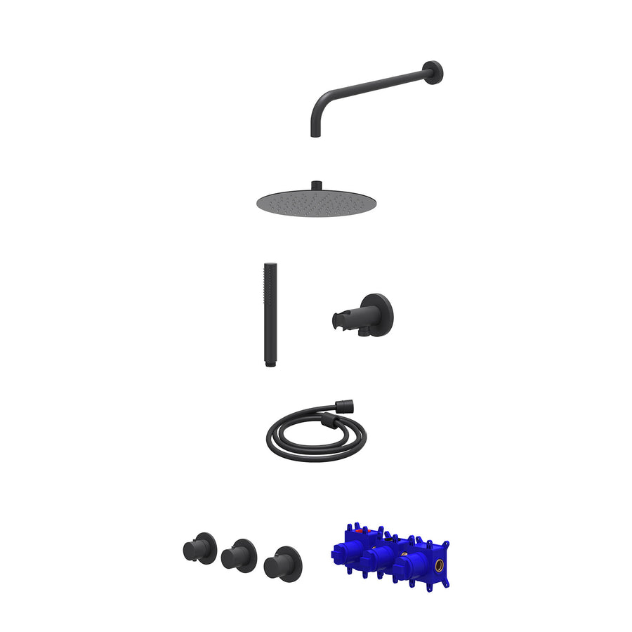 IVY Regendoucheset inbouwthermostaatkraan met 2 vaste stopkranen symmetry, wandarm, R25cmSL, houder met uitlaat, doucheslang 150cm en staafmodel – Mat zwart PED