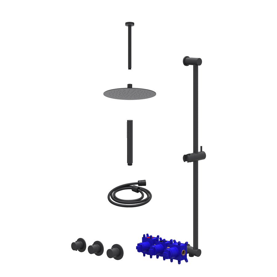IVY Regendoucheset inbouwthermostaatkraan met 2 vaste stopkranen symmetry, plafondbuis 30cm, R25cmSL, glijstang met uitlaat, doucheslang 150cm en staafmodel – Mat zwart PED