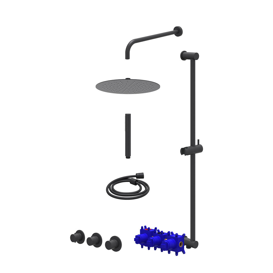 IVY Regendoucheset inbouwthermostaatkraan met 2 vaste stopkranen symmetry, wandarm, R30cmSL, glijstang met uitlaat, doucheslang 150cm en staafmodel – Mat zwart PED