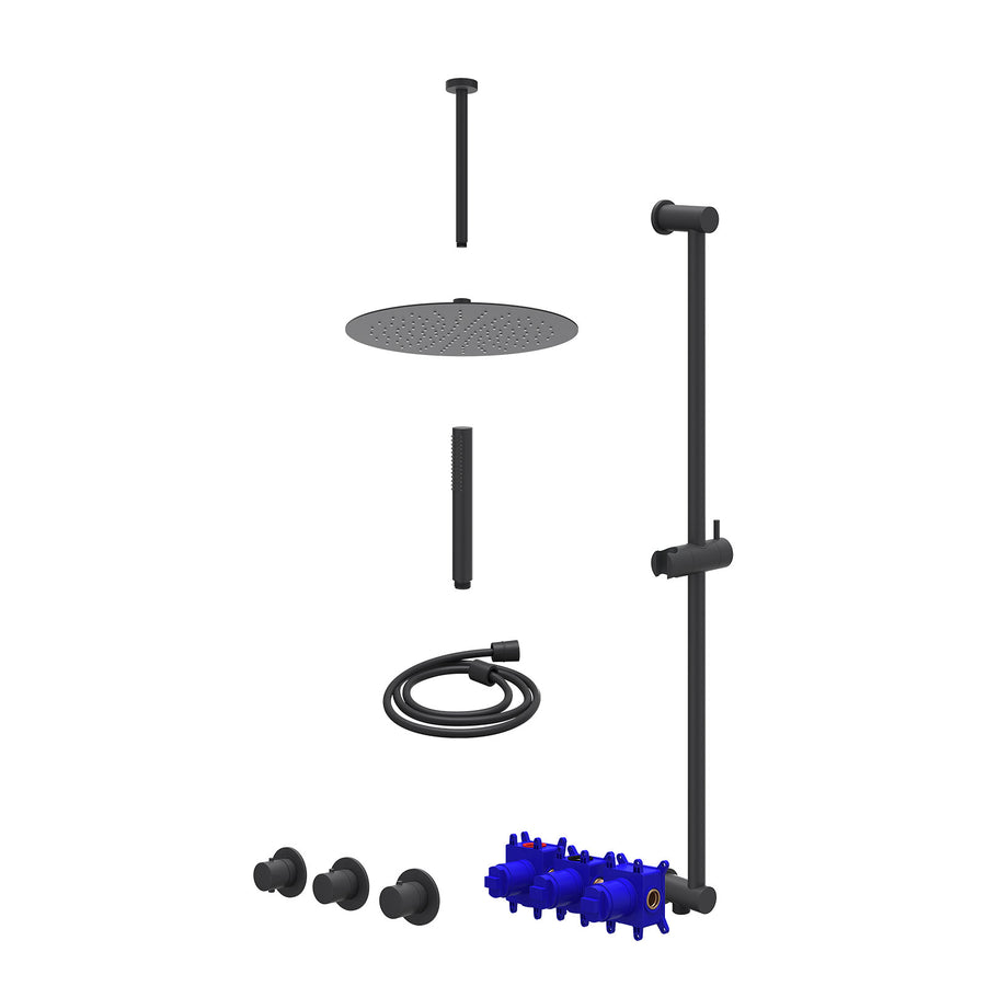 IVY Regendoucheset inbouwthermostaatkraan met 2 vaste stopkranen symmetry, plafondbuis 30cm, R30cmSL, glijstang met uitlaat, doucheslang 150cm en staafmodel – Mat zwart PED
