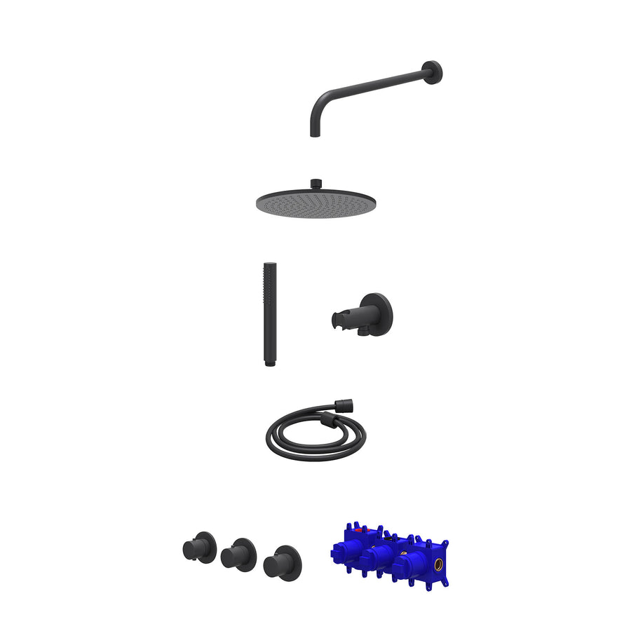 IVY Regendoucheset inbouwthermostaatkraan met 2 vaste stopkranen symmetry, wandarm, R25cmME, houder met uitlaat, doucheslang 150cm en staafmodel – Mat zwart PED