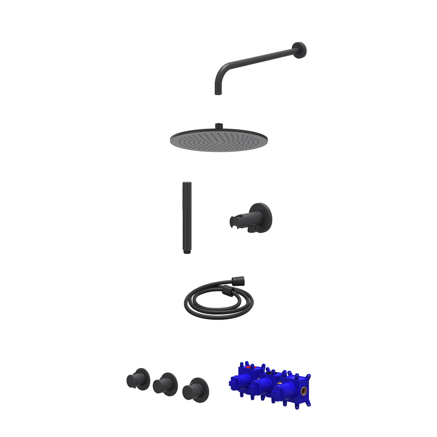 IVY Regendoucheset inbouwthermostaatkraan met 2 vaste stopkranen symmetry, wandarm, R30cmME, houder met uitlaat, doucheslang 150cm en staafmodel – Mat zwart PED