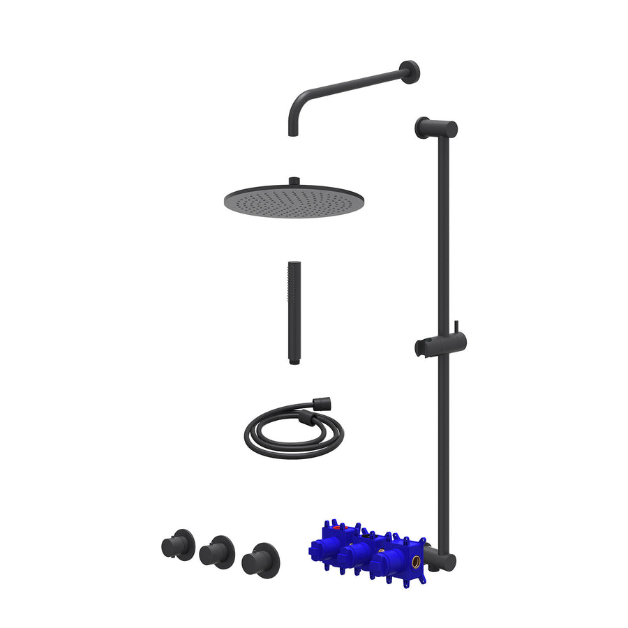 IVY Regendoucheset inbouwthermostaatkraan met 2 vaste stopkranen symmetry, wandarm, R30cmME, glijstang met uitlaat, doucheslang 150cm en staafmodel – Mat zwart PED