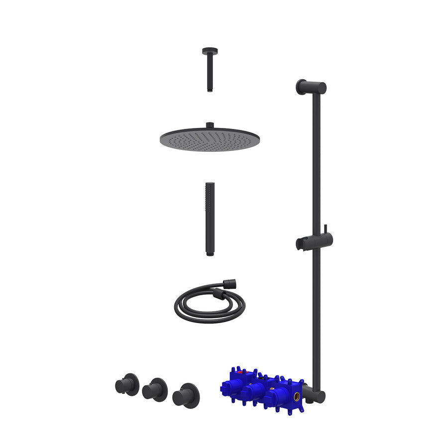 IVY Regendoucheset inbouwthermostaatkraan met 2 vaste stopkranen symmetry, plafondbuis 15cm, R30cmME, glijstang met uitlaat, doucheslang 150cm en staafmodel – Mat zwart PED