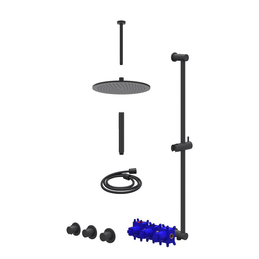 IVY Regendoucheset inbouwthermostaatkraan met 2 vaste stopkranen symmetry, plafondbuis 30cm, R30cmME, glijstang met uitlaat, doucheslang 150cm en staafmodel – Mat zwart PED