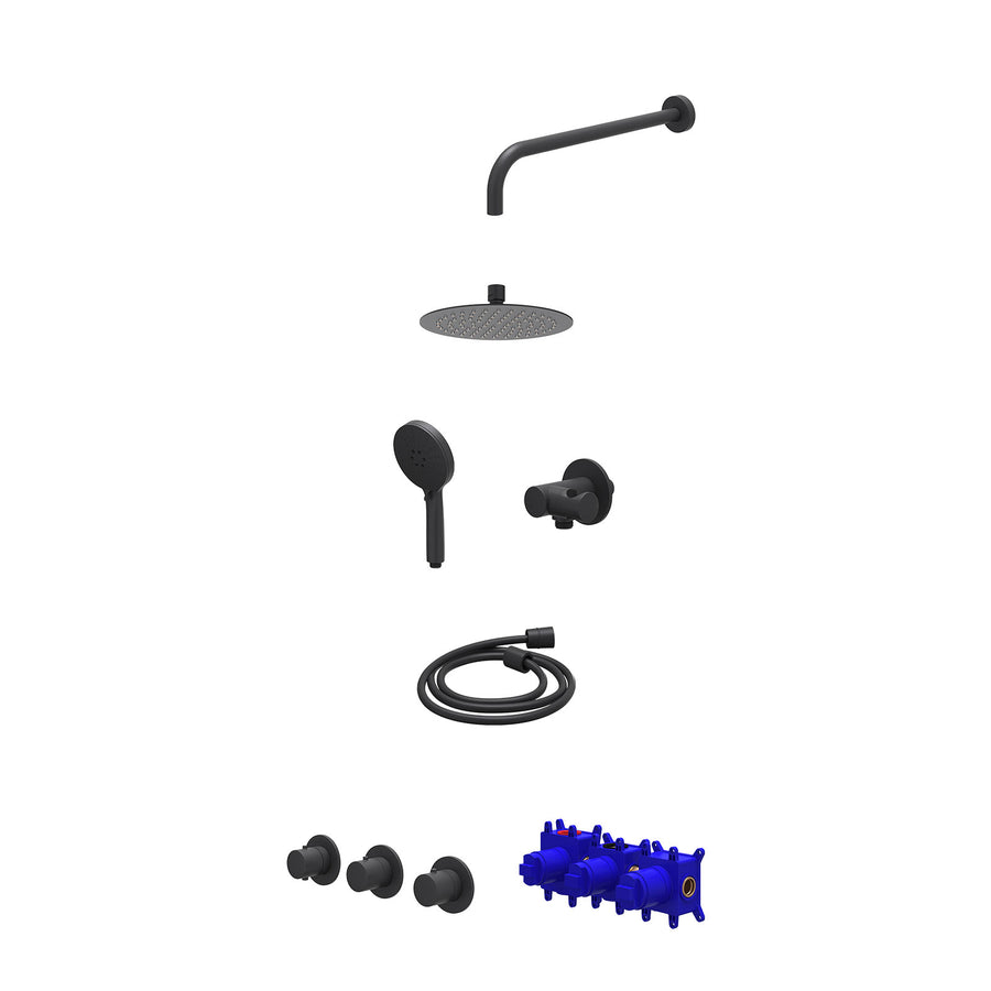 IVY Regendoucheset inbouwthermostaatkraan met 2 vaste stopkranen symmetry, wandarm, R20cmSL, verstelbare steun met geïnt. uitlaat, doucheslang 150cm en 3-standen handdouche – Mat z