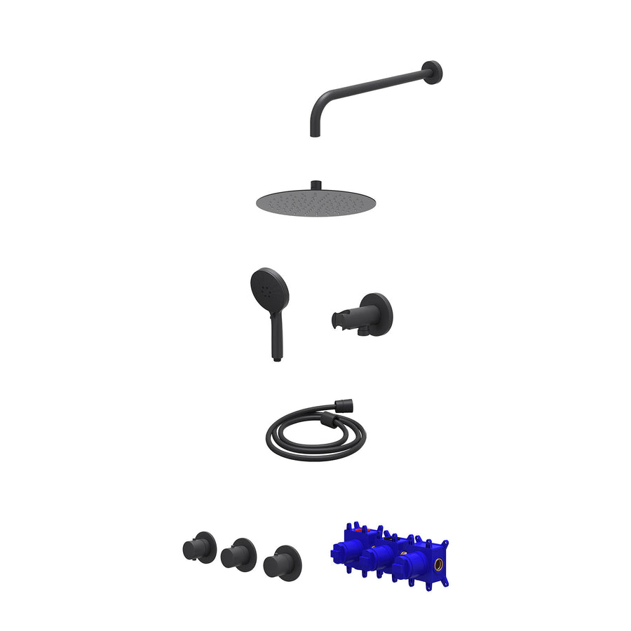 IVY Regendoucheset inbouwthermostaatkraan met 2 vaste stopkranen symmetry, wandarm, R25cmSL, houder met uitlaat, doucheslang 150cm en 3-standen handdouche – Mat zwart PED