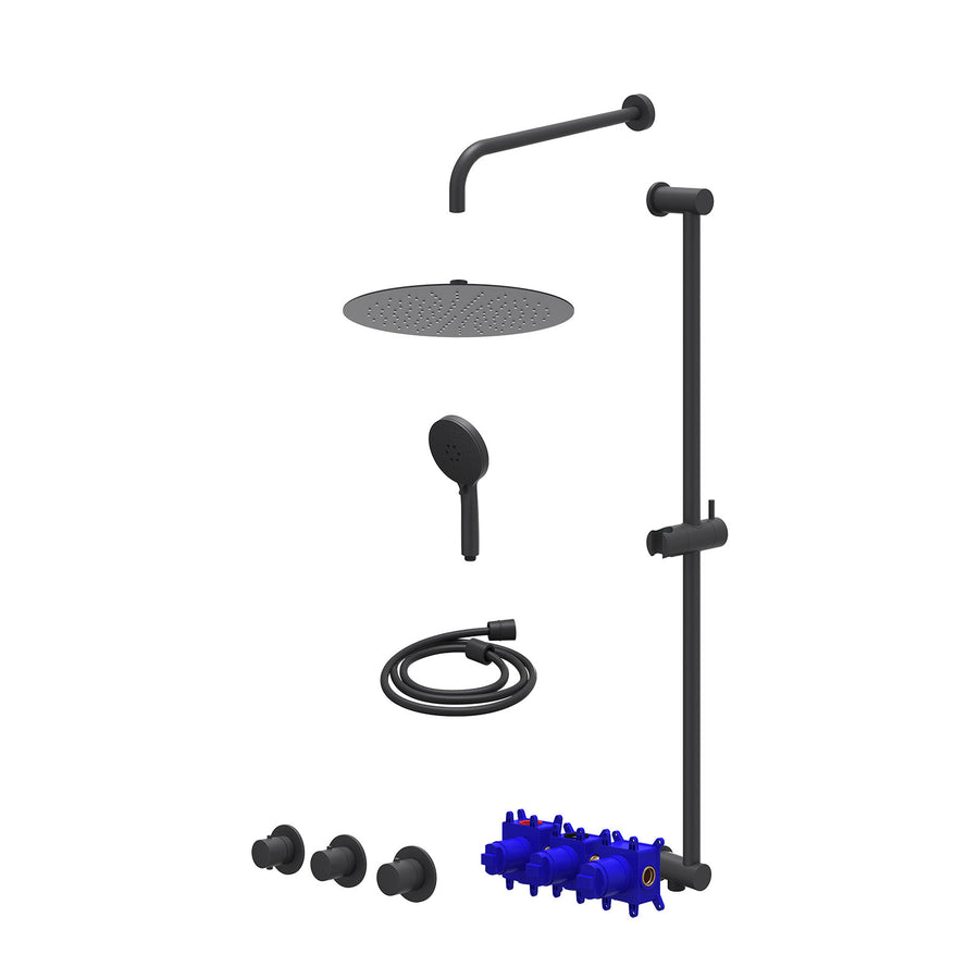 IVY Regendoucheset inbouwthermostaatkraan met 2 vaste stopkranen symmetry, wandarm, R30cmSL, glijstang met uitlaat, doucheslang 150cm en 3-standen handdouche – Mat zwart PED