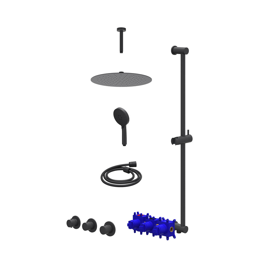 IVY Regendoucheset inbouwthermostaatkraan met 2 vaste stopkranen symmetry, plafondbuis 15cm, R30cmSL, glijstang met uitlaat, doucheslang 150cm en 3-standen handdouche – Mat zwart P