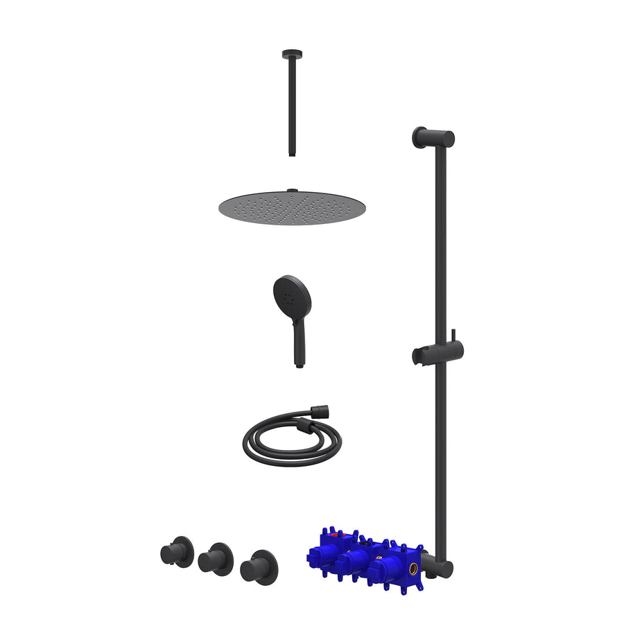 IVY Regendoucheset inbouwthermostaatkraan met 2 vaste stopkranen symmetry, plafondbuis 30cm, R30cmSL, glijstang met uitlaat, doucheslang 150cm en 3-standen handdouche – Mat zwart P