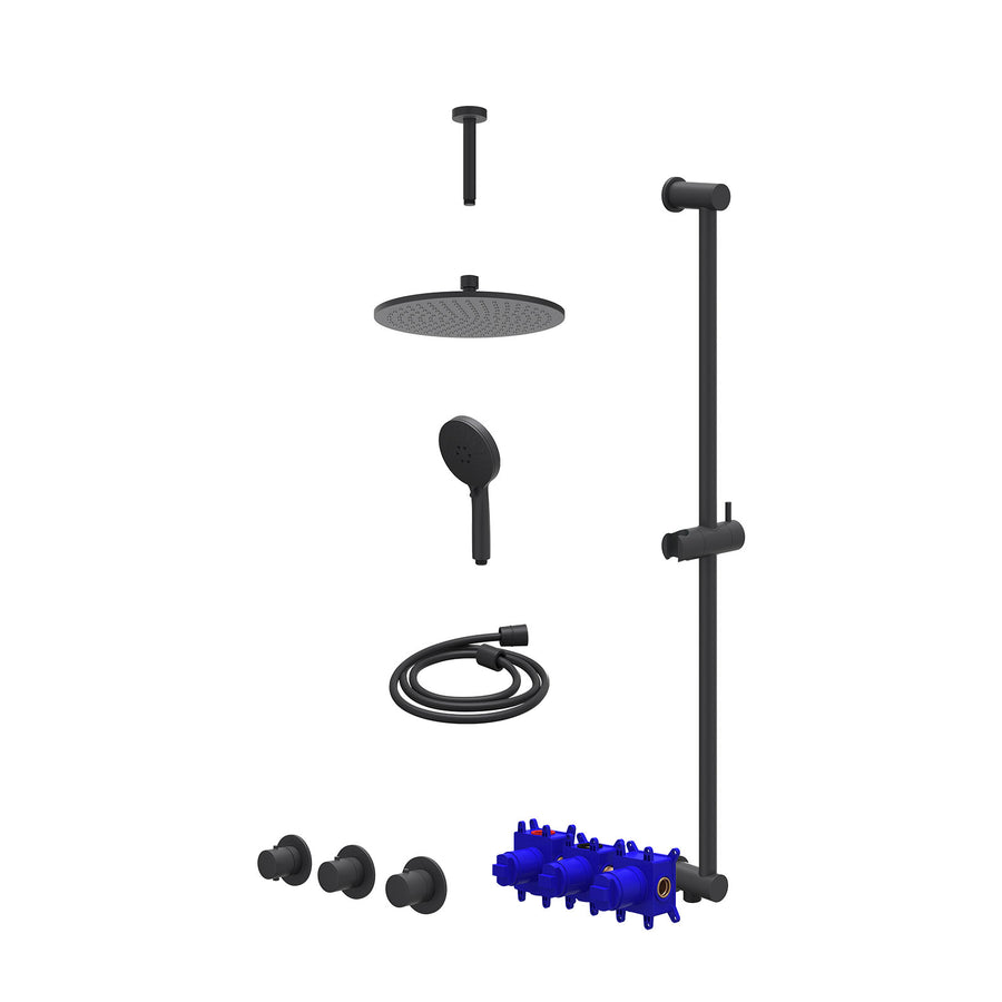 IVY Regendoucheset inbouwthermostaatkraan met 2 vaste stopkranen symmetry, plafondbuis 15cm, R25cmME, glijstang met uitlaat, doucheslang 150cm en 3-standen handdouche – Mat zwart P