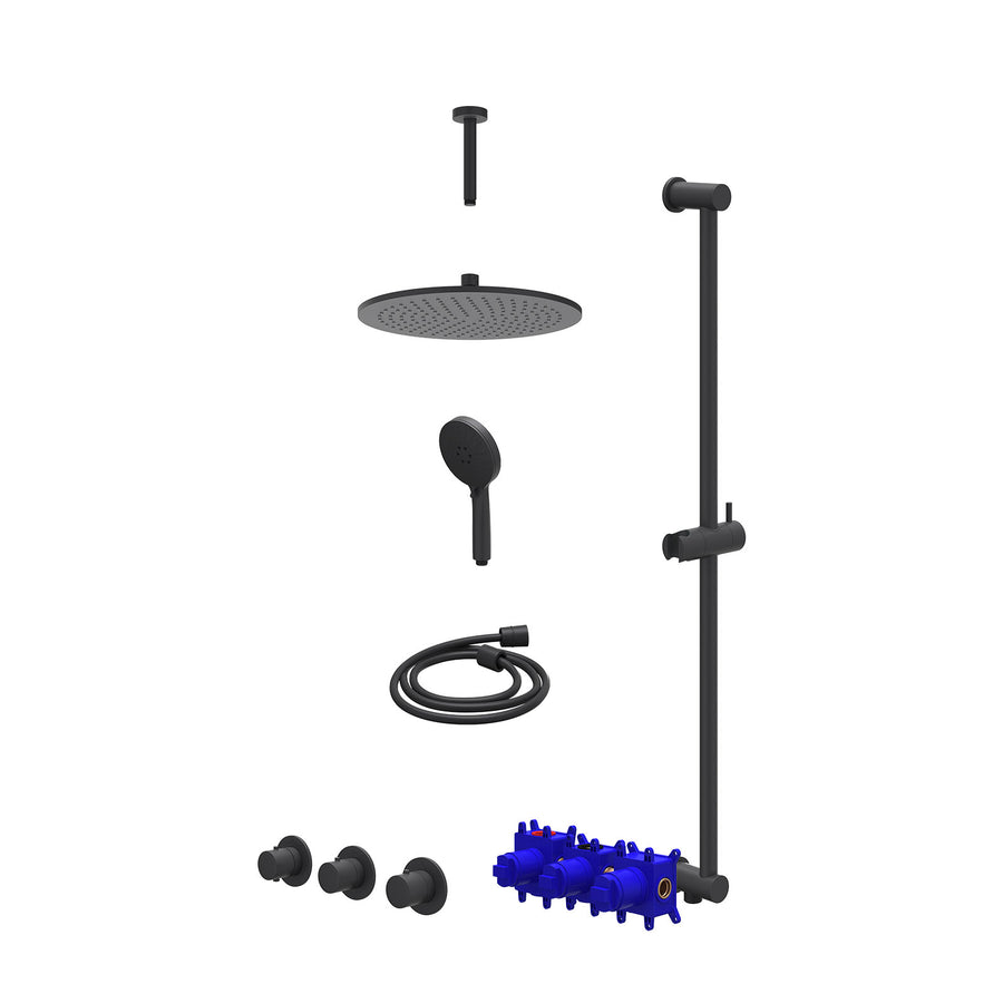 IVY Regendoucheset inbouwthermostaatkraan met 2 vaste stopkranen symmetry, plafondbuis 15cm, R30cmME, glijstang met uitlaat, doucheslang 150cm en 3-standen handdouche – Mat zwart P