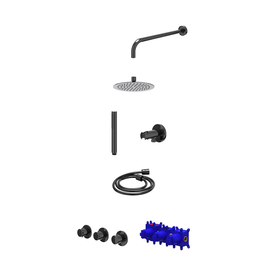 IVY Regendoucheset inbouwthermostaatkraan met 2 vaste stopkranen symmetry, wandarm, R20cmSL, houder met uitlaat, doucheslang 150cm en staafmodel – Zwart chroom PVD