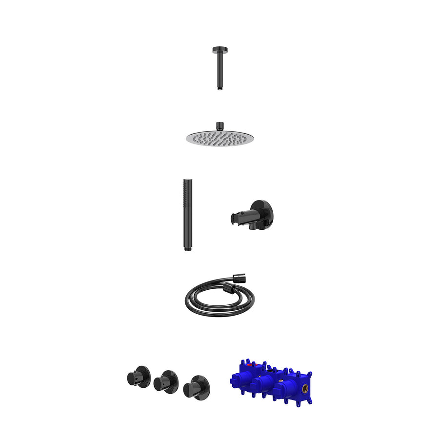 IVY Regendoucheset inbouwthermostaatkraan met 2 vaste stopkranen symmetry, plafondbuis 15cm, R20cmSL, houder met uitlaat, doucheslang 150cm en staafmodel – Zwart chroom PVD