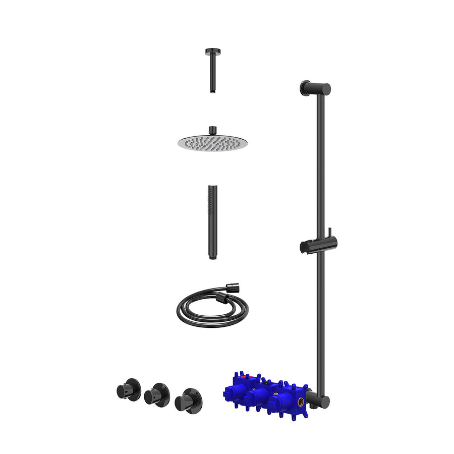IVY Regendoucheset inbouwthermostaatkraan met 2 vaste stopkranen symmetry, plafondbuis 15cm, R20cmSL, glijstang met uitlaat, doucheslang 150cm en staafmodel – Zwart chroom PVD