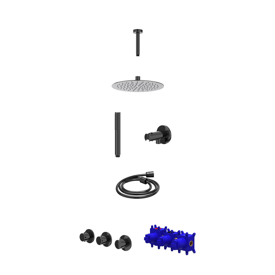 IVY Regendoucheset inbouwthermostaatkraan met 2 vaste stopkranen symmetry, plafondbuis 15cm, R25cmSL, houder met uitlaat, doucheslang 150cm en staafmodel – Zwart chroom PVD