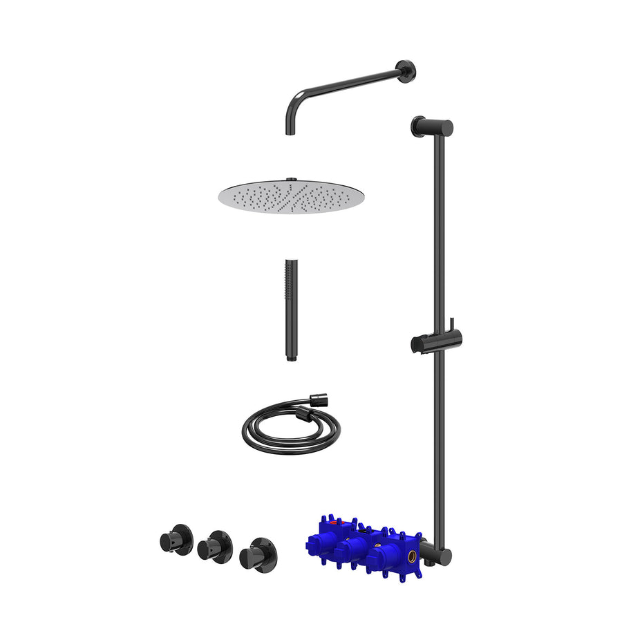 IVY Regendoucheset inbouwthermostaatkraan met 2 vaste stopkranen symmetry, wandarm, R30cmSL, glijstang met uitlaat, doucheslang 150cm en staafmodel – Zwart chroom PVD