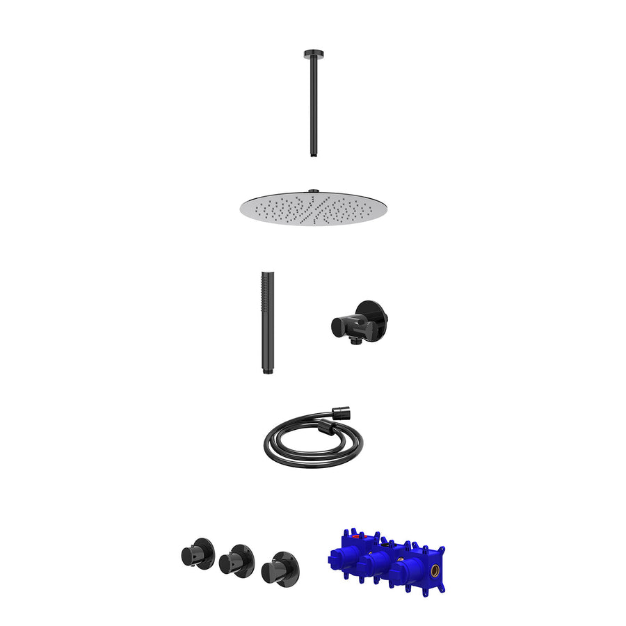 IVY Regendoucheset inbouwthermostaatkraan met 2 vaste stopkranen symmetry, plafondbuis 30cm, R30cmSL, verstelbare steun met geïnt. uitlaat, doucheslang 150cm en staafmodel – Zwart 
