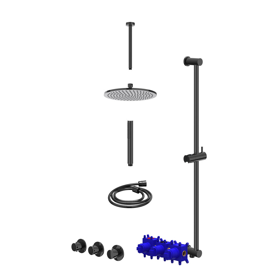 IVY Regendoucheset inbouwthermostaatkraan met 2 vaste stopkranen symmetry, plafondbuis 30cm, R25cmME, glijstang met uitlaat, doucheslang 150cm en staafmodel – Zwart chroom PVD