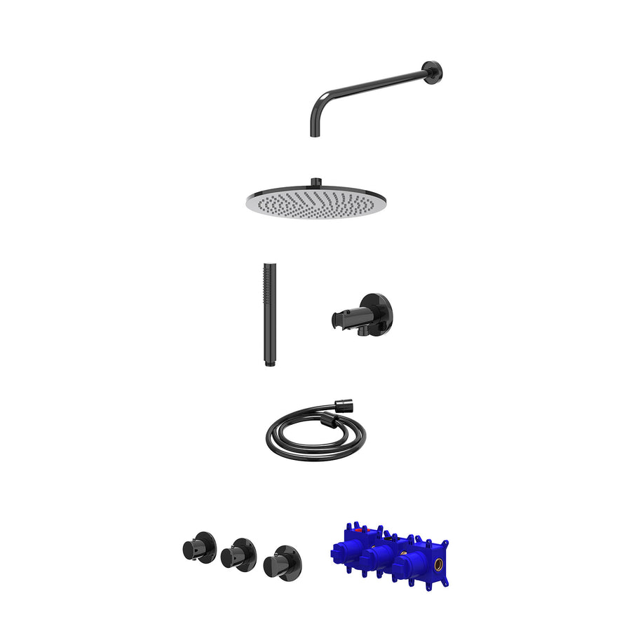 IVY Regendoucheset inbouwthermostaatkraan met 2 vaste stopkranen symmetry, wandarm, R30cmME, houder met uitlaat, doucheslang 150cm en staafmodel – Zwart chroom PVD