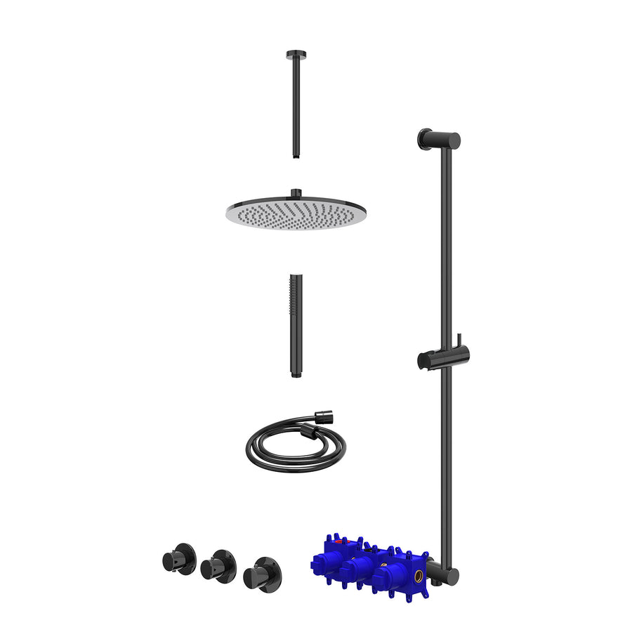 IVY Regendoucheset inbouwthermostaatkraan met 2 vaste stopkranen symmetry, plafondbuis 30cm, R30cmME, glijstang met uitlaat, doucheslang 150cm en staafmodel – Zwart chroom PVD