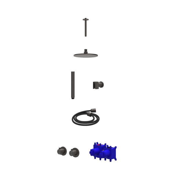 Regendoucheset inbouwthermostaatkraan met 2-weg stop-omstel symmetry, plafondbuis 20cm, R20cmME, houder met uitlaat, doucheslang 150cm en staafmodel