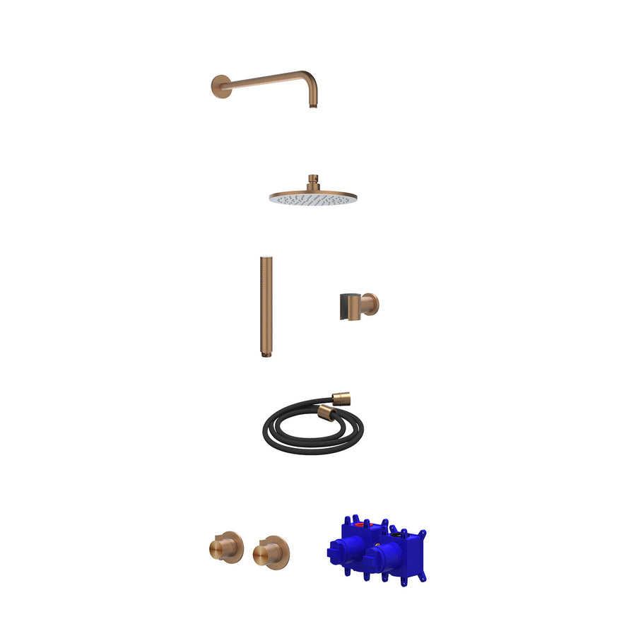 IVY Regendoucheset inbouwthermostaatkraan met 2-weg stop-omstel symmetry, 40cm wandarm, R20cmME, houder met uitlaat, doucheslang 150cm en staafmodel – RVS316 gebr. mat koper PVD