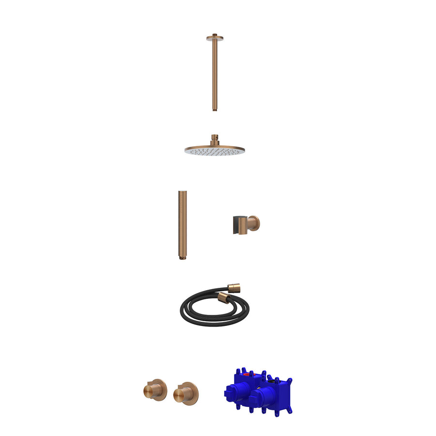 IVY Regendoucheset inbouwthermostaatkraan met 2-weg stop-omstel symmetry, plafondbuis 30cm, R20cmME, houder met uitlaat, doucheslang 150cm en staafmodel – RVS316 gebr. mat koper PV
