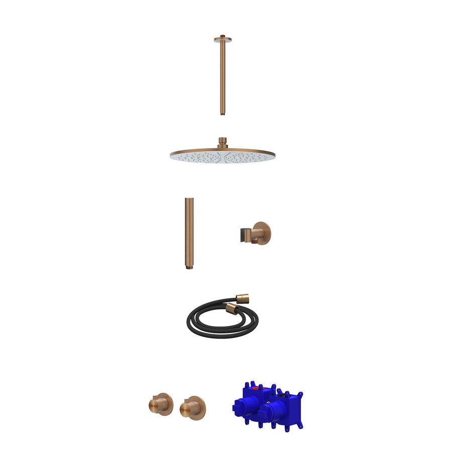 IVY Regendoucheset inbouwthermostaatkraan met 2-weg stop-omstel symmetry, plafondbuis 30cm, R30cmME, glijstang met uitlaat, doucheslang 150cm en staafmodel – RVS316 gebr. mat koper
