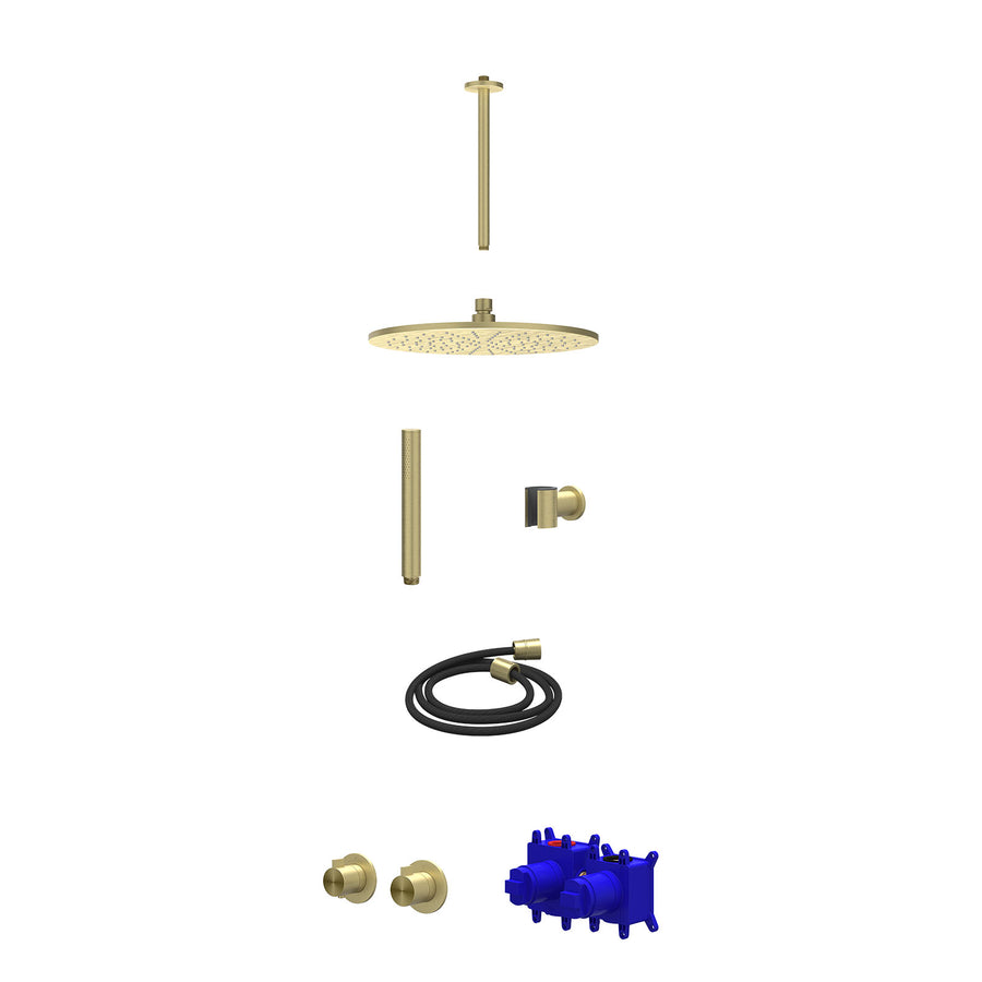 IVY Regendoucheset inbouwthermostaatkraan met 2-weg stop-omstel symmetry, plafondbuis 30cm, R30cmME, houder met uitlaat, doucheslang 150cm en staafmodel – RVS316 gebr. mat goud PVD
