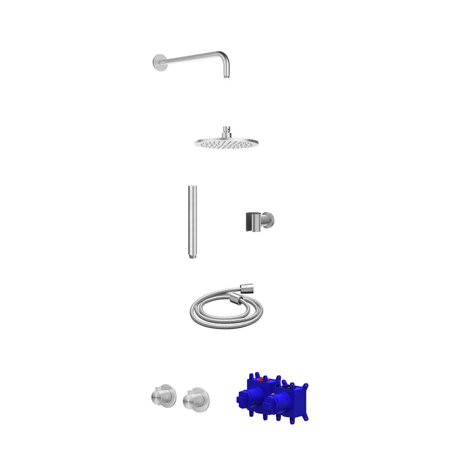 IVY Regendoucheset inbouwthermostaatkraan met 2-weg stop-omstel symmetry, 40cm wandarm, R20cmME, houder met uitlaat, doucheslang 150cm en staafmodel – RVS316 geborsteld