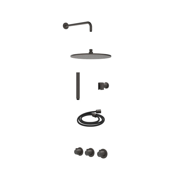 Excl. inbouwbox regendoucheset inbouwthermostaatkraan met 2 vaste stopkranen symmetry, wandarm, R30cmME, houder met uitlaat, doucheslang 150cm en staafmodel