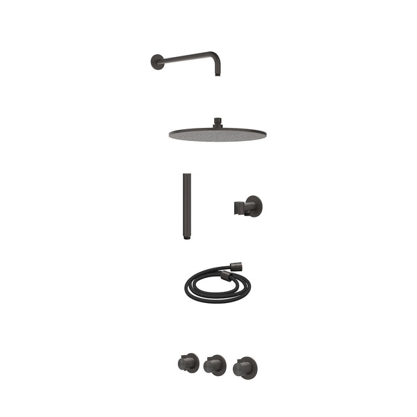 Excl. inbouwbox regendoucheset inbouwthermostaatkraan met 2 vaste stopkranen symmetry, wandarm, R30cmME, glijstang met uitlaat, doucheslang 150cm en staafmodel