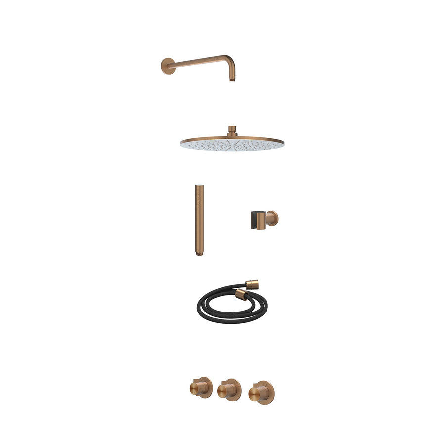IVY Excl. inbouwbox regendoucheset inbouwthermostaatkraan met 2 vaste stopkranen symmetry, wandarm, R30cmME, houder met uitlaat, doucheslang 150cm en staafmodel – RVS316 gebr. mat 