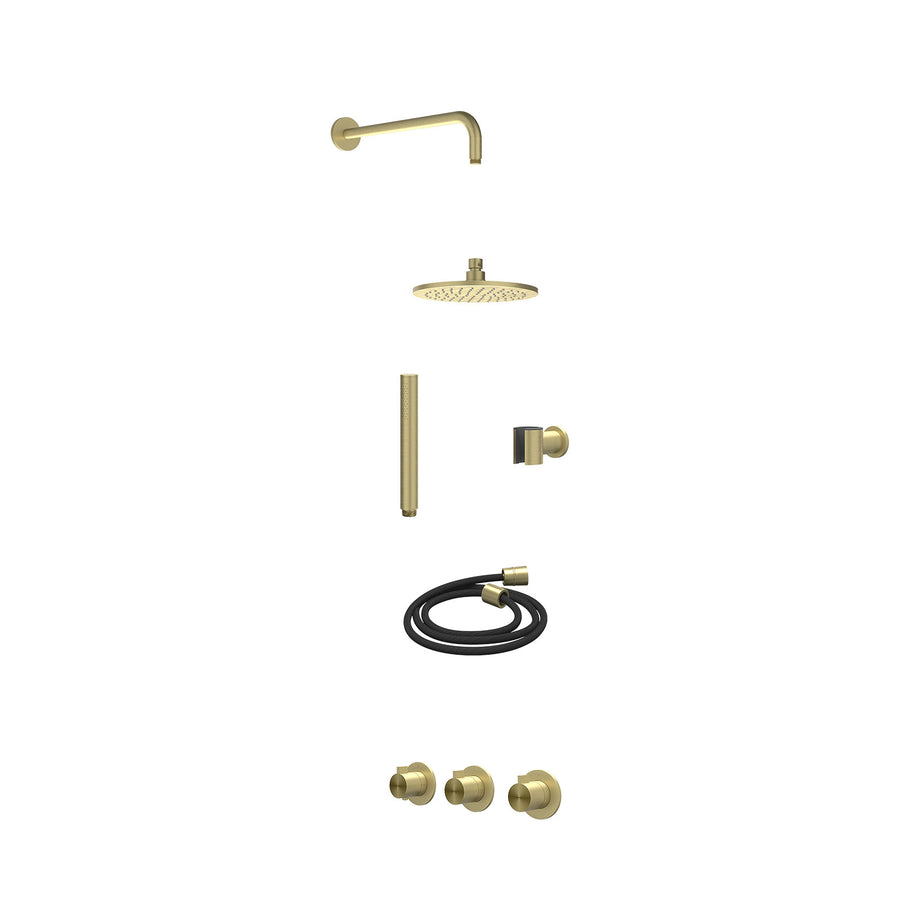 IVY Excl. inbouwbox regendoucheset inbouwthermostaatkraan met 2 vaste stopkranen symmetry, wandarm, R20cmME, houder met uitlaat, doucheslang 150cm en staafmodel – RVS316 gebr. mat 