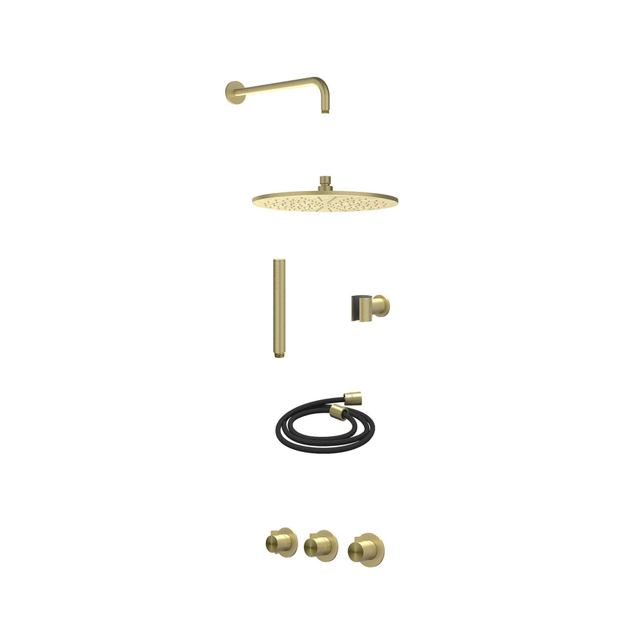 IVY Excl. inbouwbox regendoucheset inbouwthermostaatkraan met 2 vaste stopkranen symmetry, wandarm, R30cmME, houder met uitlaat, doucheslang 150cm en staafmodel – RVS316 gebr. mat 