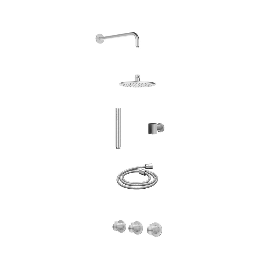 IVY Excl. inbouwbox regendoucheset inbouwthermostaatkraan met 2 vaste stopkranen symmetry, wandarm, R20cmME, houder met uitlaat, doucheslang 150cm en staafmodel – RVS316 geborsteld